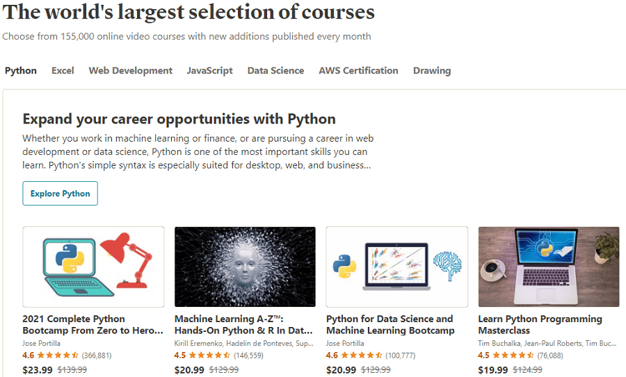 The webpage of Udemy
